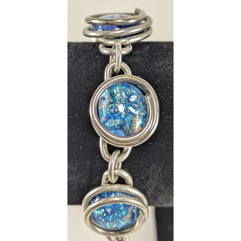 Blue Dichroic Glass Bracelet Silver Tone